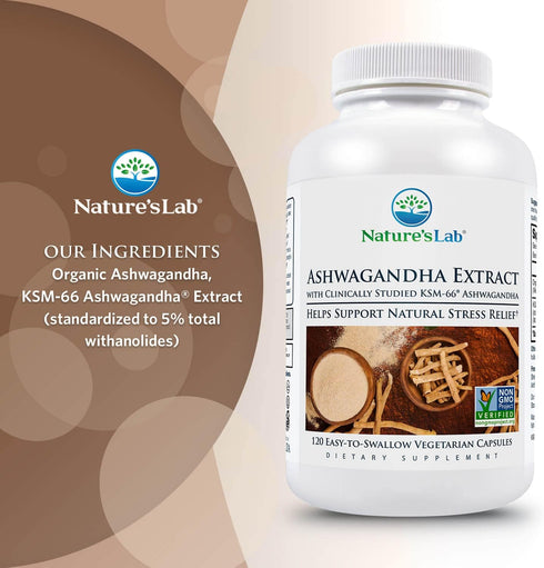 Nature's Lab Ashwagandha Extract - KSM 66 5% Withanolides - 120 Ct for Stress Support