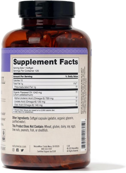 NatureWise Flaxseed Oil 1200mg Softgels, 720mg ALA, Omega 3 6 9, Organic, Non-GMO, 120 Softgels