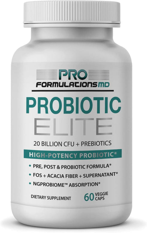 Probiotic Elite – Synbiotic with FOS + Supernatant, 60 vcaps, 20 Billion CFU Digestive Support, No Refrigeration Needed
