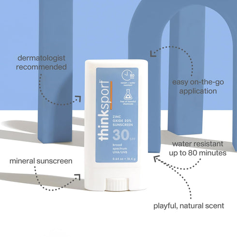 Thinksport SPF 30 Face & Body Mineral Sunscreen Stick – Safe, Natural, Water Resistant Sun Cream – Vegan, Reef Friendly UVA/UVB Sun Protection for Sports & Active Use, 0.64oz