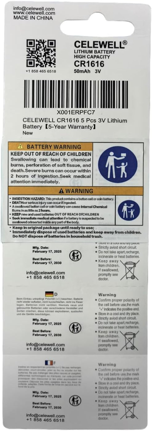 CR1616 5 Pcs 3V Lithium Battery - 5-Year Warranty