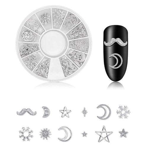 WOKOTO 6 Boxes Silver Hollow Nail Art Studs Set - 3D Flower Diamond Manicure Kit with Tweezers