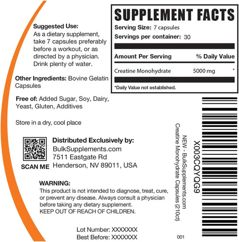 BulkSupplements.com Creatine Monohydrate Capsules, Micronized Creatine Pills, 5000mg, Gluten Free, 210 Capsules