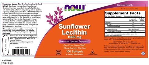 NOW Supplements, Sunflower Lecithin 1200 mg with Phosphatidyl Choline, 100 Softgels