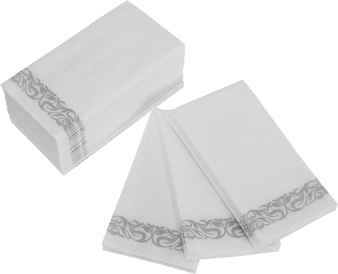 Foraineam 100-Pack Linen-Feel Disposable Hand Towels, Decorative Paper Guest Towels, Silver Floral Design