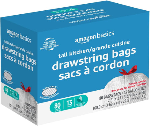 Amazon Basics Tall Kitchen Drawstring Trash Bags, Classic Clean Scented, 13 Gallon, 80 Count, Pack of 1