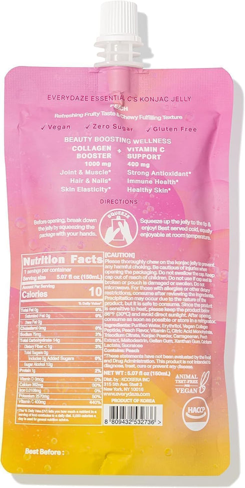 EVERYDAZE Essential C’s Collagen + Vitamin C Konjac Jelly | Vegan, 10 Calories, 0 Sugar | Peach | 10 Packs