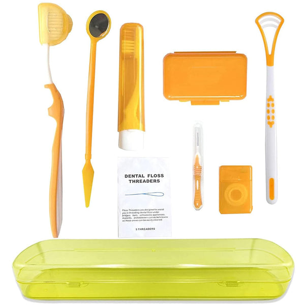 Portable Orthodontic Oral Care Kit for Braces - Interdental Brush, Dental Wax, Floss, Toothbrush Cleaning Kit (Orange)