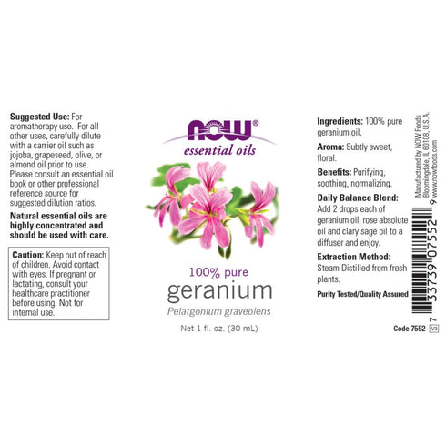NOW Essential Oils, Geranium Oil, Soothing Aromatherapy Scent, Steam Distilled, 100% Pure, Vegan, Child Resistant Cap, 1-Ounce