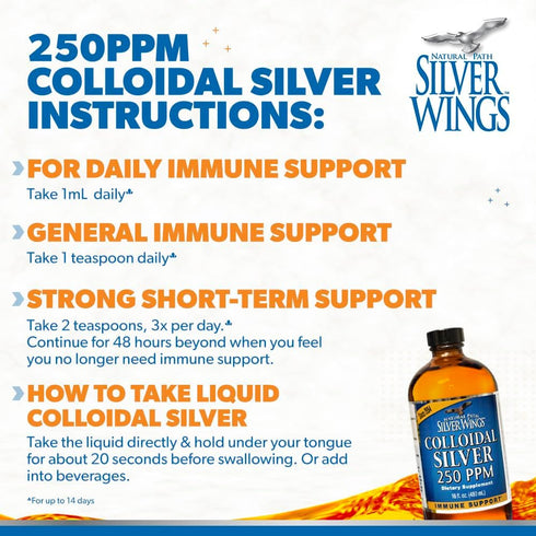 Natural Path Silver Wings Colloidal Silver Liquid, Enhanced Immune Support Supplement, 250ppm, 2oz Dropper