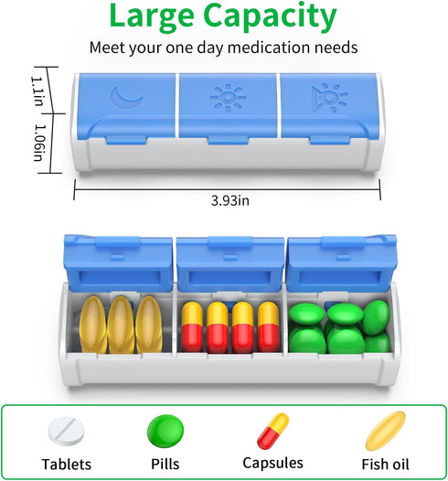 Urekt 3 (3 Pack) Pill Organizer Times a Day, Small Pill Box, Daily Pill Organizer, Moisture Proof Travel Pill Case