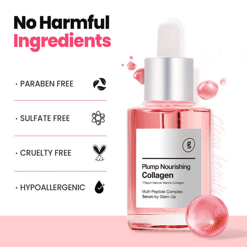 GLAM UP Plump Nourishing Marine Collagen Serum - Anti-Aging Facial Serum with Hyaluronic Acid & Peptide Complex, 30ml