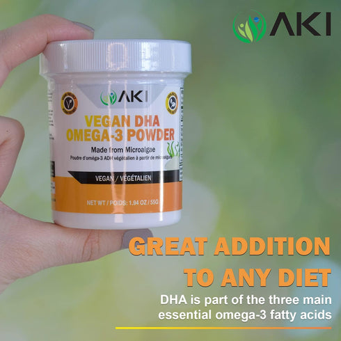 AKI Omega 3 DHA Micro Algae Powder Supplements, 1.94 Oz / 55G - Plant-Based Keto Vitamin for Inflammation, Vegan &