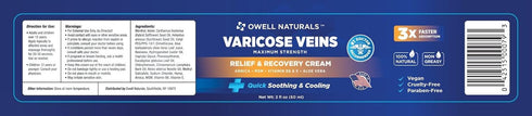 OWELL NATURALS Varicose Vein Cream for Legs - 2oz Maximum Strength All Natural Discomfort Reliever for Muscle