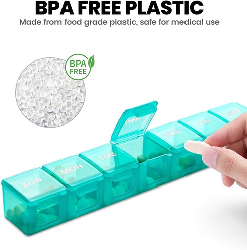 Sukuos Extra Large Weekly Pill Organizer, 7 Day Daily Pill Box Case, Arthritis Friendly, Clear Lid for Vitamins, Cyan
