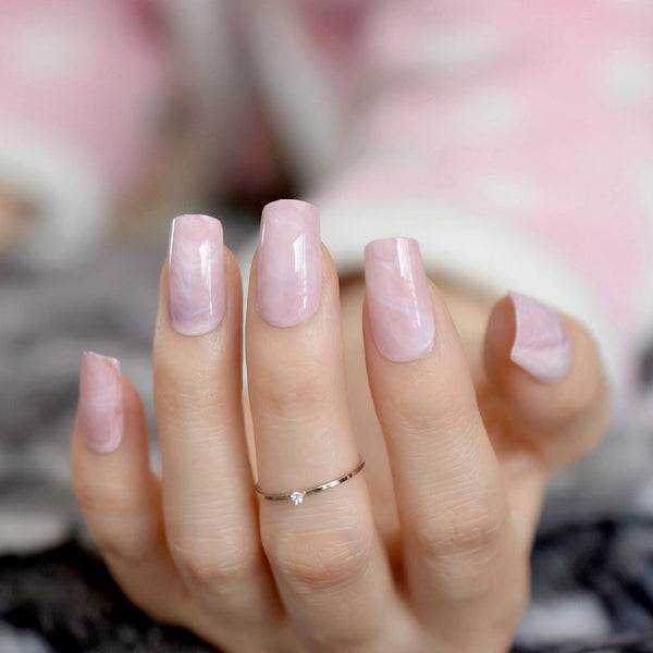 Shiny Pink Marble Artificial Nails, Square Medium Size Fake Pre-designed Nail Art Kit for Women