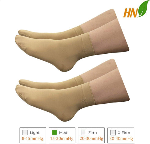 HealthyNees 15-20 mmHg (2 Closed Toe Compression Foot Circulation Wide Ankle Sleeve Pairs Beige, S/M)