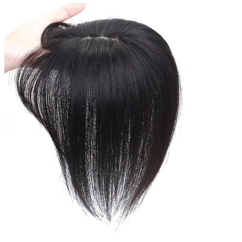 Middle Part Silk Base Human Hair Topper - 7x10cm Clip in Hairpiece with Wispy Fringe, Off Black