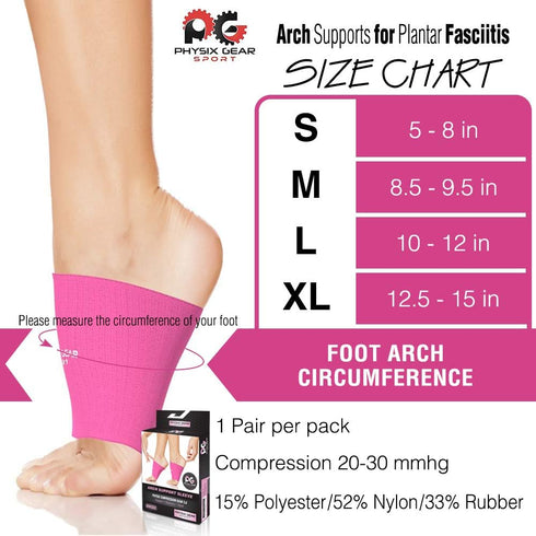 Physix Gear Arch Support Bands for Foot Discomfort - Compression Bands for Plantar Fasciitis, Arch Sleeves, Pink, M