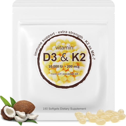2-in-1 Vitamin D3 K2 Supplement Softgel - 10000 IU D3 and 200 mcg K2 MK7, Supports Immune, Heart, Joint, Teeth & Bone