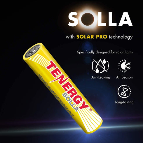 Tenergy Solla AAA Rechargeable NiMH Battery, 600mAh Solar Batteries for Outdoor Solar Lights, Outdoor Patio Lights, Anti-Leak, Outdoor Durability, 5+ Years Performance, 24 Pack, UL Certified