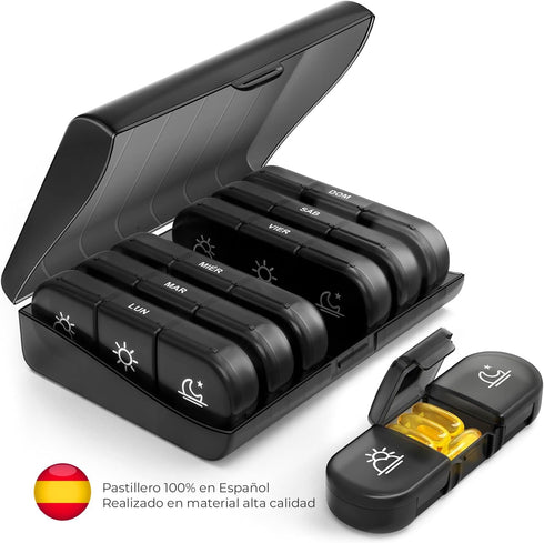 Nexum Market 3 100% 7 21 (3 Weekly Pill Box Takes in Spanish COLOR: BLACK | Individual Pill Boxes for Each Day