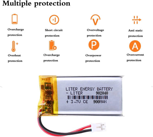 3.7V 902040 900mAh Lithium Polymer Ion Battery Pack with JST 2.0mm Connector