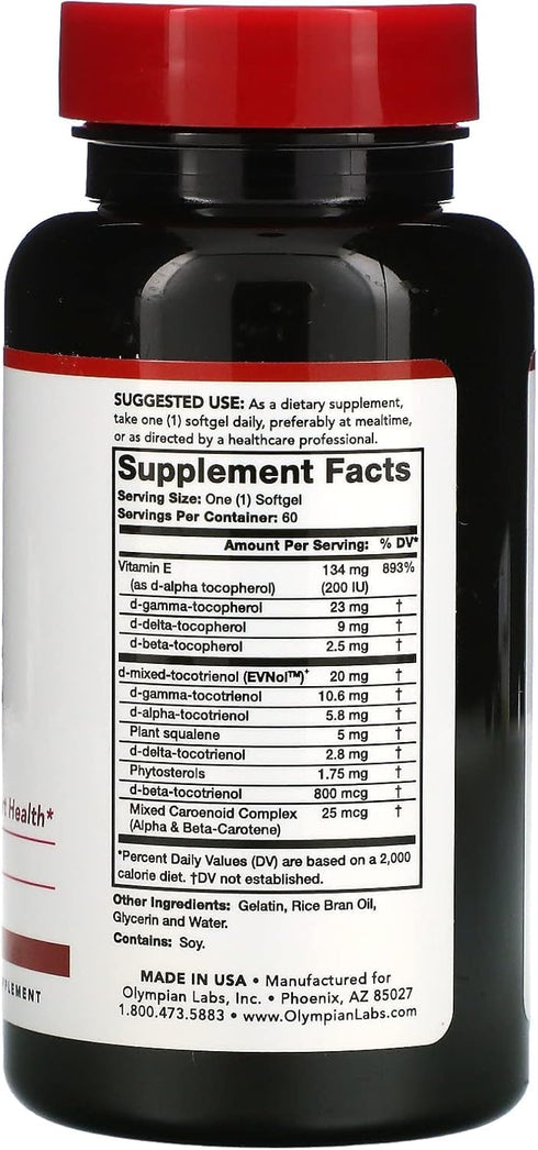 Olympian Labs Vitamin E Complete Tocomin, 200IU, 60 Softgels, Supports Brain, Skin & Hair