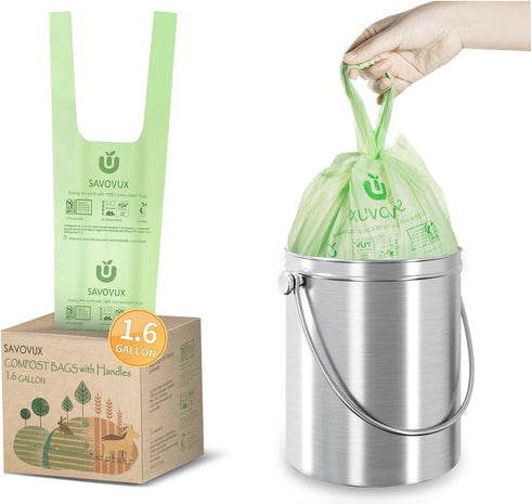 1.2-1.6 Gallon Compostable Bags with Handles, 100 Count Small Biodegradable Kitchen Waste Bags for Countertop Bin