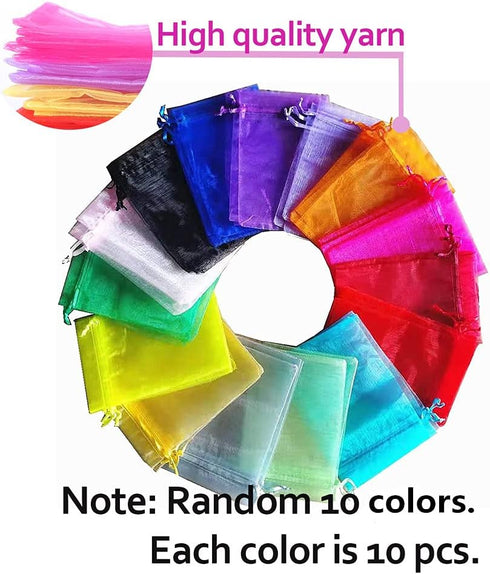 LYSXP 100 Pcs Organza Bags, 4x6 Inches, Random 10 Colors, Drawstring Favor Pouches for Gifts, Weddings