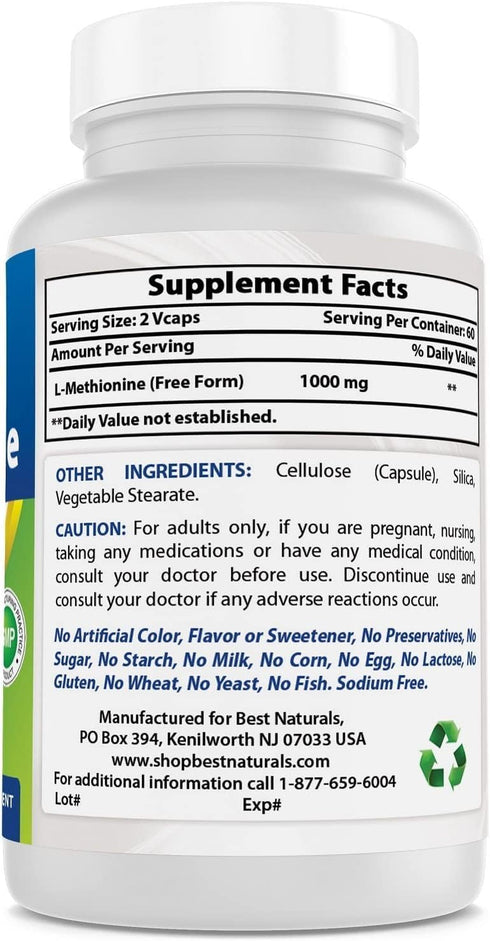 Best Naturals L-Methionine 500 mg, 120 Veggie Capsules
