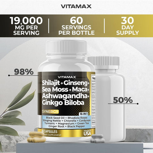Pure Himalayan Shilajit Supplement 10,000mg with Ashwagandha, Sea Moss & Rhodiola Rosea - 60 Count, Made in USA