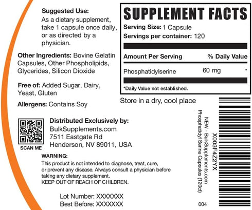 BulkSupplements.com Phosphatidylserine Capsules - Phosphatidylserine Supplement, Sourced from Soy - 60mg per Capsule, Gluten Free - 1 Capsule per Serving, 120 Capsules (Pack of 1)