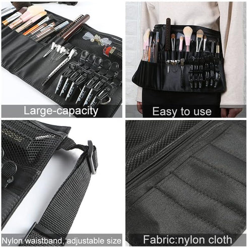 Professional Portable Makeup Brush Waist Bag Case, Foldable Cosmetic Brush Pouch with Multi Pockets