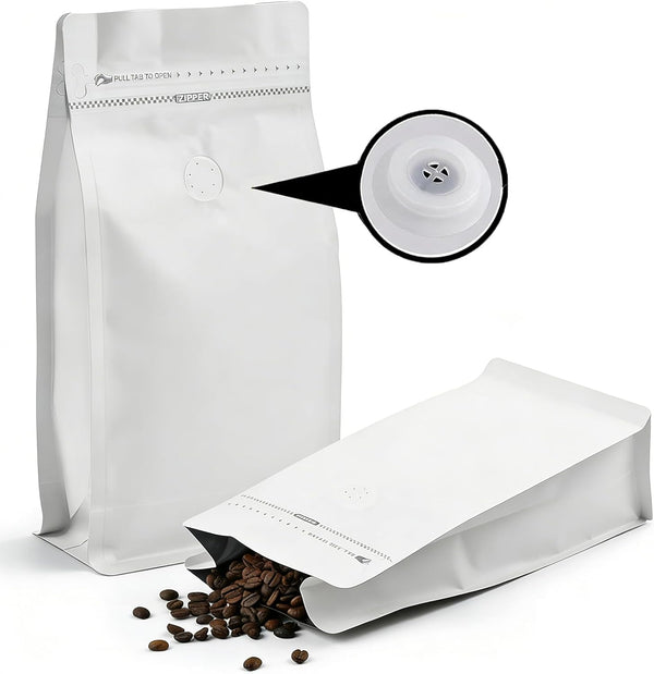 XlentPac Coffee Bags with Valve (16oz, 100pcs) White Aluminum Foil Flat High Barrier