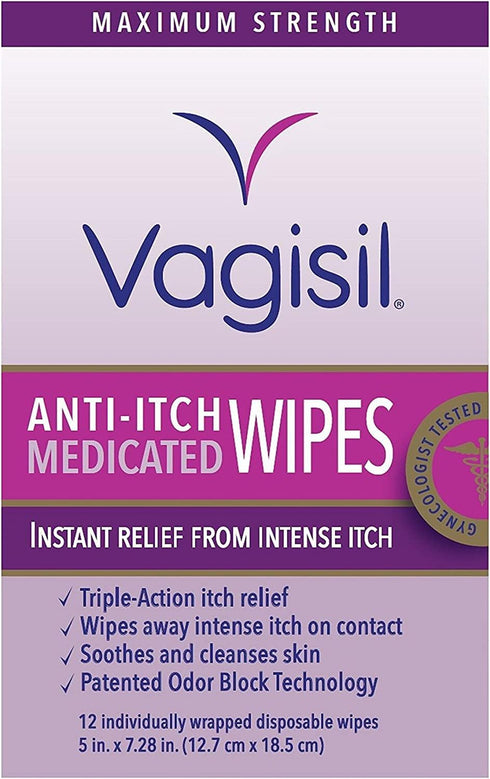 Vagisil Anti-Itch Medicated Wipes, Maximum Strength,12 ea (Pack of 2)
