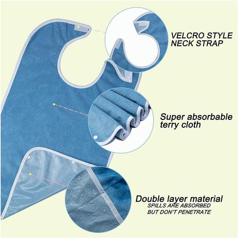 OUDI LINE Adult Bibs for Eating, Waterproof Clothing Protector with Premium Terry Cloth(Blue)