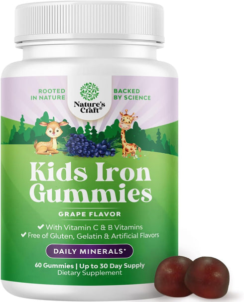Tasty Kids Multivitamin with Iron Gummy - Gentle Iron Gummies for Kids with Vitamin C & B Complex - Vegan, Non-GMO &