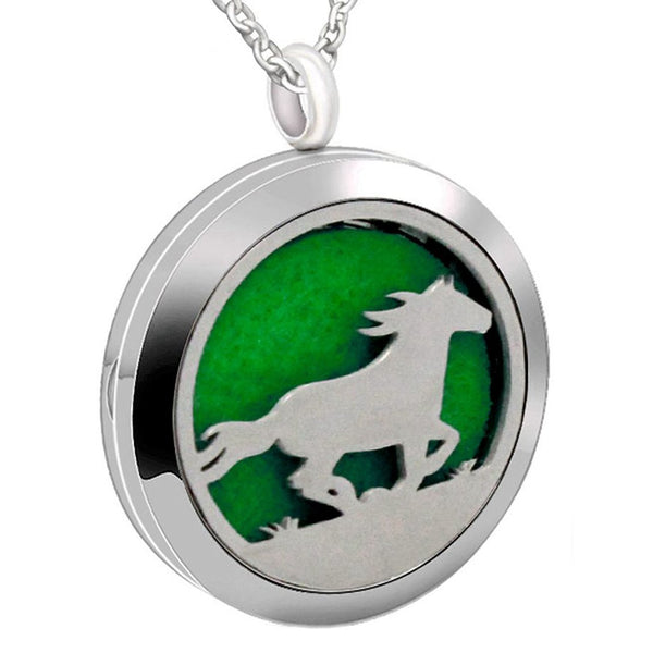 Essential Oil Diffuser Necklace, Stainless Steel Aromatherapy Horse Locket Pendant with 24" Chain & 8 Pads, Gift