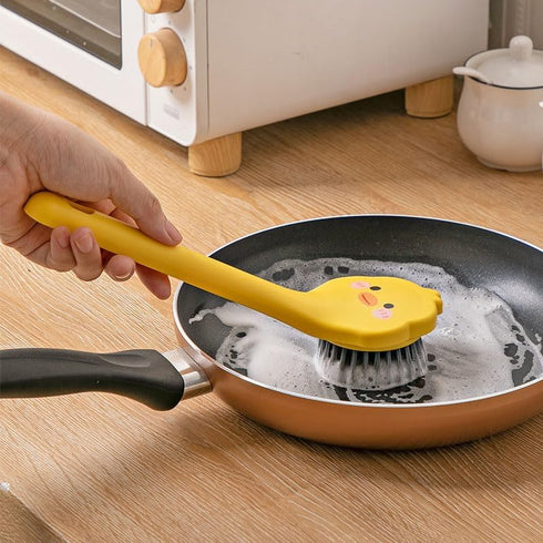 2 PCS Yellow Duck + Yellow Chicken Dish Brush Handle, Built-in Scraper for Pans, Pots, Kitchen Cleaning
