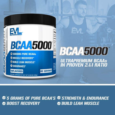 Evlution EVL BCAAs Amino Acids Powder - Unflavored Powder for Post Workout Recovery Drink and Stim Free Pre Workout