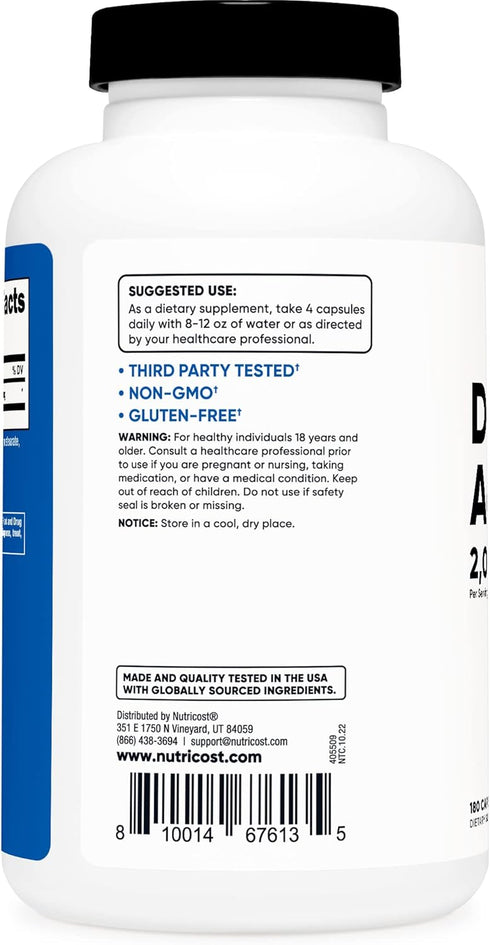 Nutricost D-Aspartic Acid (DAA) Capsules, 2000mg Per Serving, 180 Capsules - Non-GMO Supplement