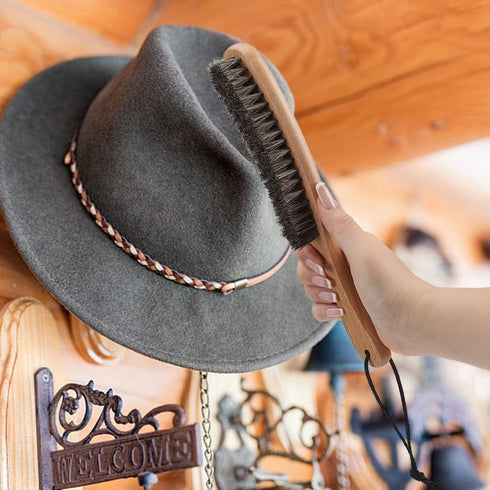 Hat Brush - Horsehair Felt Brush for Western Cowboy Hat, Fedora, Baseball Cap, Beech Handle, Removes Dust & Cat Hair