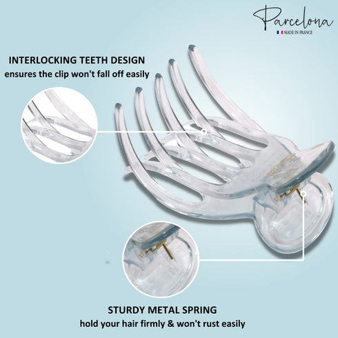 Parcelona French Basic Curved Paw Medium 3 1/4” Celluloid Acetate Hair Claw for Women and Girls, Clear