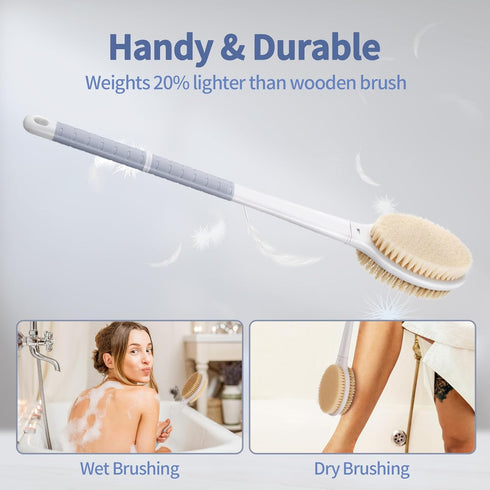 Back Scrubber Body Shower Brush with Anti Slip Long Handle, Soft and Stiff Bristles, Grey