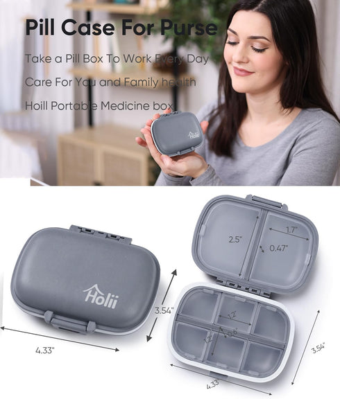 Holii Travel Pill Organizer - Gray Portable Pill Case with 8 Compartments for Daily Vitamins and Medicine
