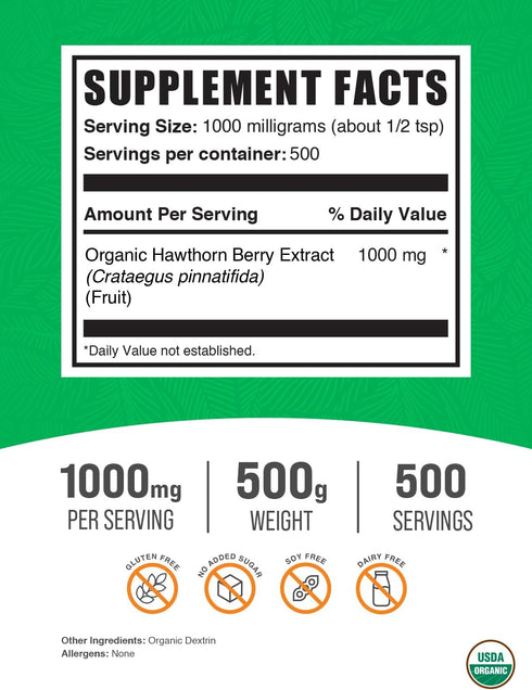 BulkSupplements.com Organic Hawthorn Berry Extract Powder, 1000mg per Serving, 500g (1.1 lbs)