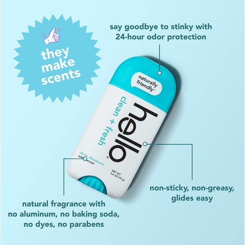 hello Activated Charcoal Deodorant, Fresh and Clean, Aluminum Free, 2.6 Ounce, 2 Pack, 24 Hour Odor Protection