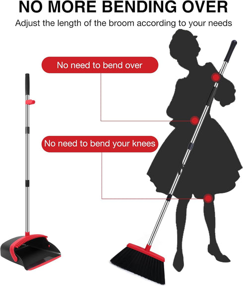 Broom and Dustpan Set, 52-in Long Adjustable Handle Broom with Dustpan Teeth for Home Kitchen Office Floor (Black&Red)