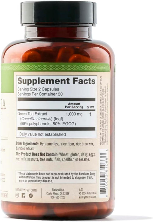 NatureWise Green Tea Extract Capsules 1000 mg - 50% EGCG & 98% Polyphenols - Extra Strength Antioxidants, 60 Capsules